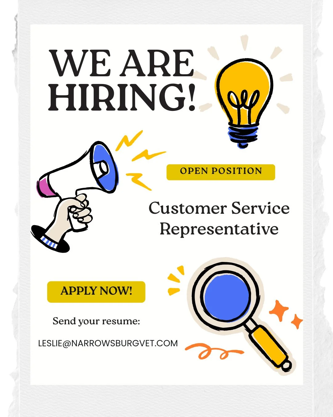 📣 WE'RE HIRING!⁠
⁠
Narrowsburg Veterinary is looking for a Customer Service Representative.⁠
⁠
🤝 Greet clients (admitting/discharging) and their pets⁠
☎️ Client communication⁠
📅 Schedule and manage appointments⁠
💻️ Computer knowledge and telephon