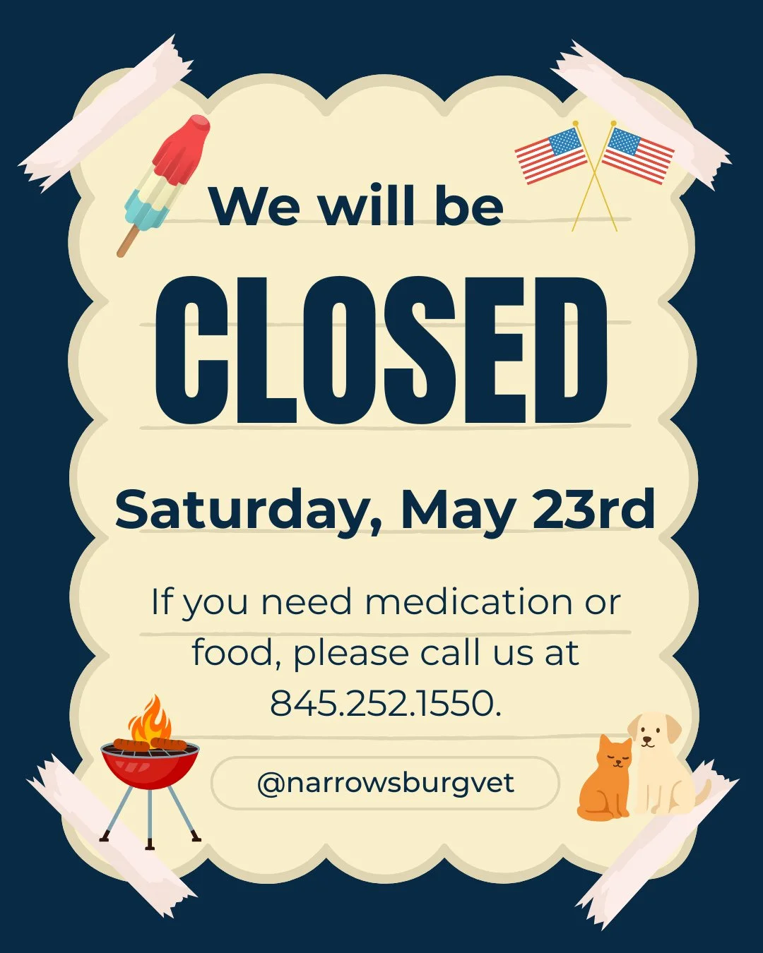 📅 NBV will be CLOSED this Saturday, May 23rd for Memorial Day weekend!⁠
⁠
☎️ Please call the office at 845.252.1550 if you need an appointment, food or medications beforehand.⁠
⁠
💻️⁠ While we are out of the office, remember to check our website at 