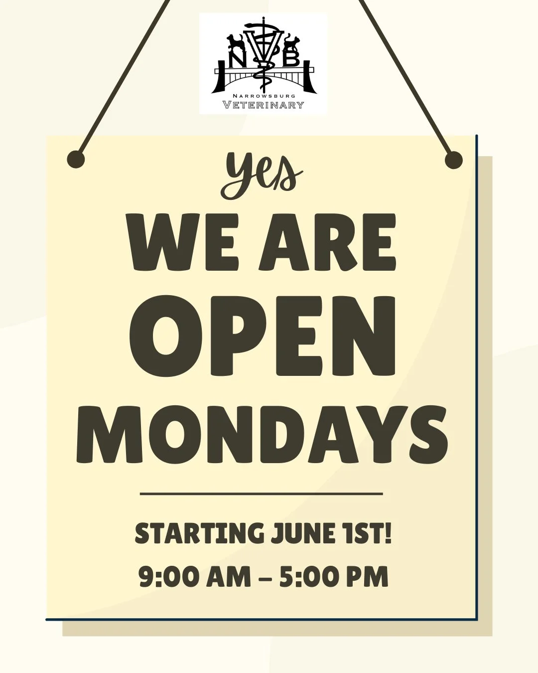 📣 NBV will now be OPEN ON MONDAYS!⁠
⁠
⏰️ Starting June 1st we are adding Monday hours from 9am to 5pm.⁠
⁠
☎️ If you need to make an appointment, give us a call at 845.252.1550.⁠
⁠
⁠
#newofficehours #openmondays #6daysaweek #narrowsburgvet⁠
⁠