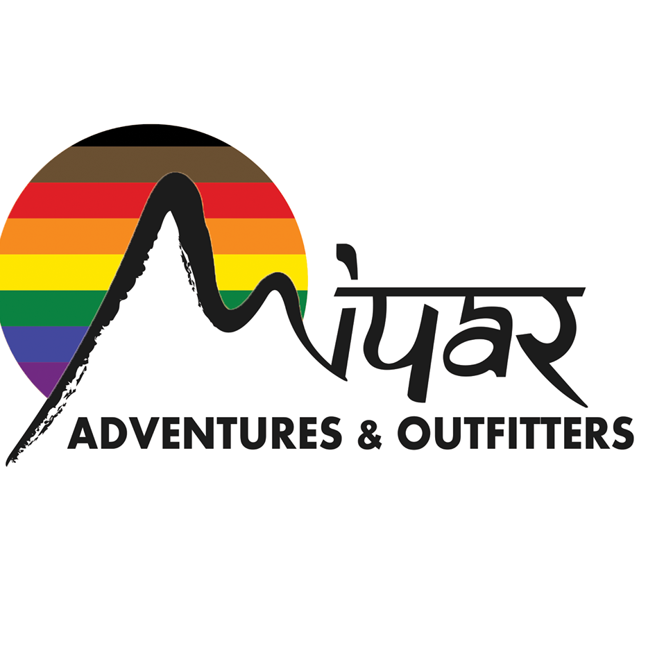 Miyar Adventures & Outfitters logo with a stylized mountain and rainbow circle background.