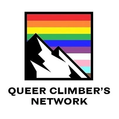 Logo of Queer Climber's Network featuring a mountain silhouette with a rainbow and trans pride flag background.