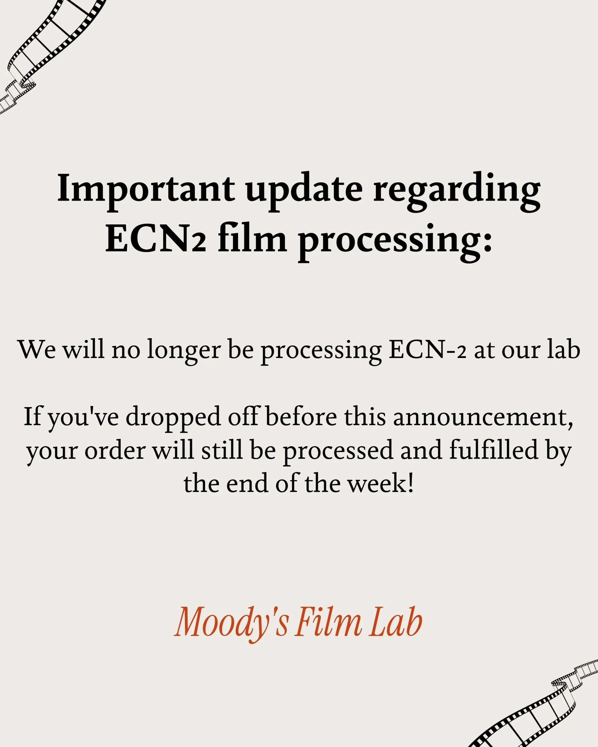 We&rsquo;ll still be processing E6 (Slide) film as well as C41 and B&amp;W! 😊 if you have any questions regarding an existing order, please call the lab directly 206-739-5221. Thank you!