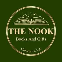 Logo for The Nook Books and Gifts in Gloucester, VA, featuring a stylized open book with stars above it, inside a circular border.