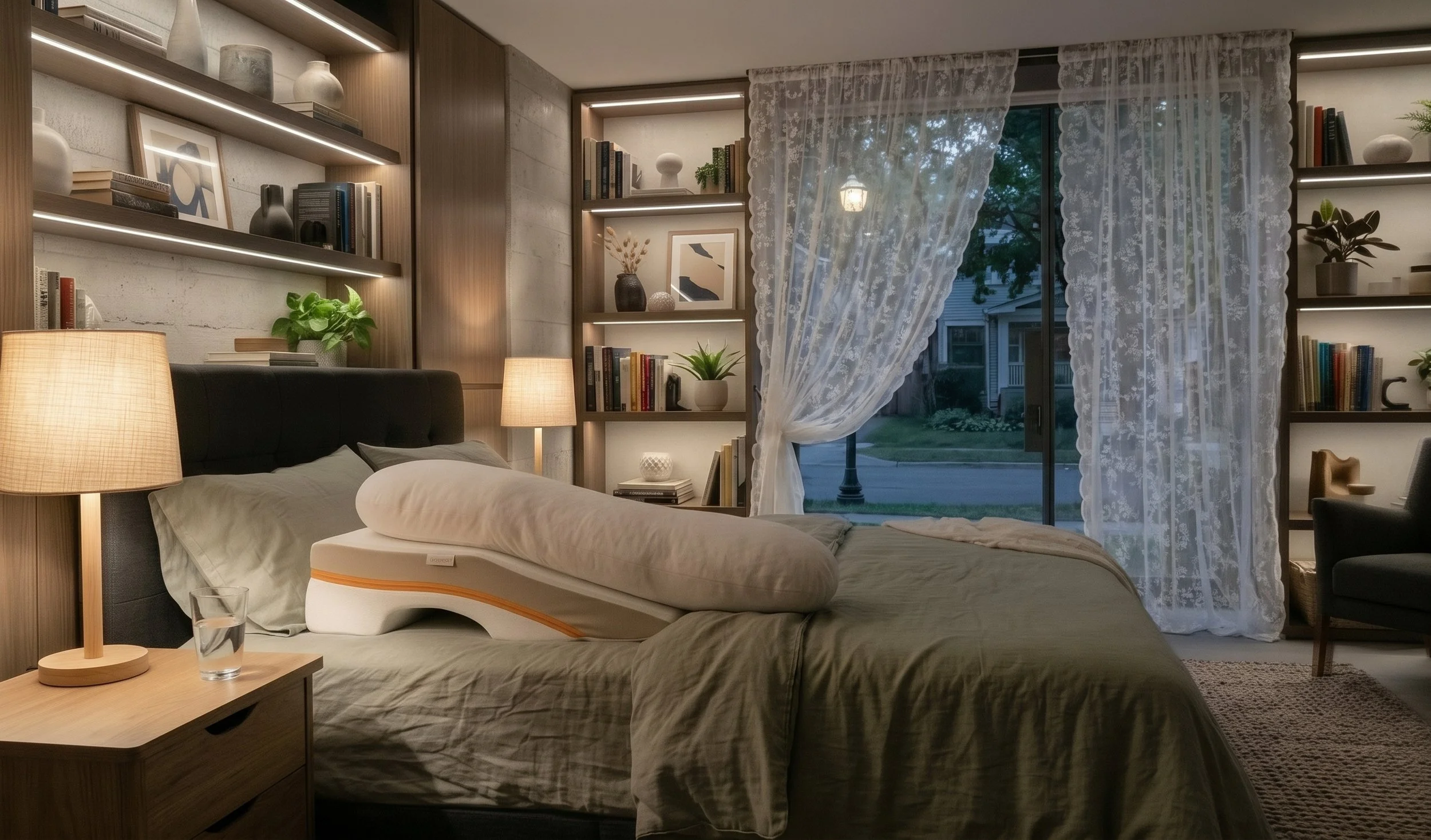 . A dim bedroom at night, a wedge pillow on the bed, a glass of water on the nightstand. Calm, not clinical.