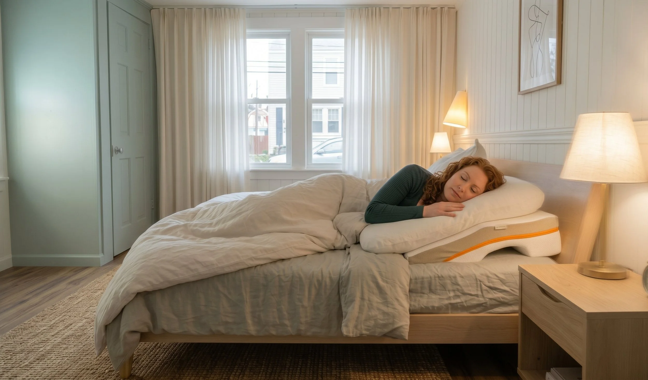 Side view illustration or photo of a person sleeping on their left side with the upper body gently elevated on a wedge.