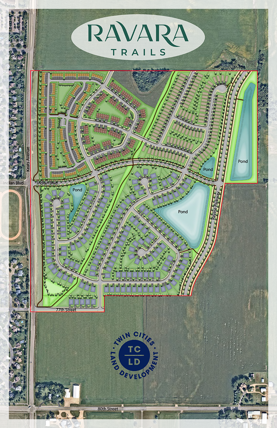 A detailed residential development plan called Ravara Trails showing streets, residential lots, and multiple ponds, with surrounding green spaces and roads, including Indian Blvd, Keats Avenue, and 77th Street.
