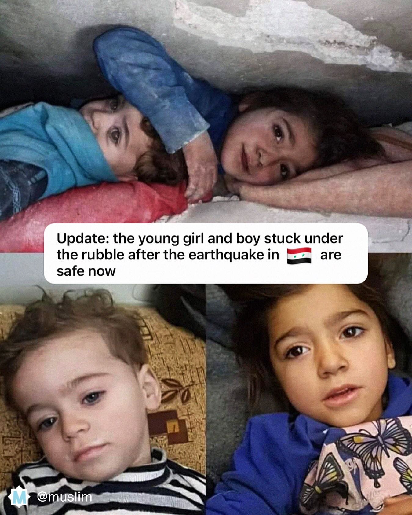 Alhamdulillah 🤍

Viral footage of young girl protecting her younger brother under rubble circulated online. They are now both confirmed safe.

#muslim #islam