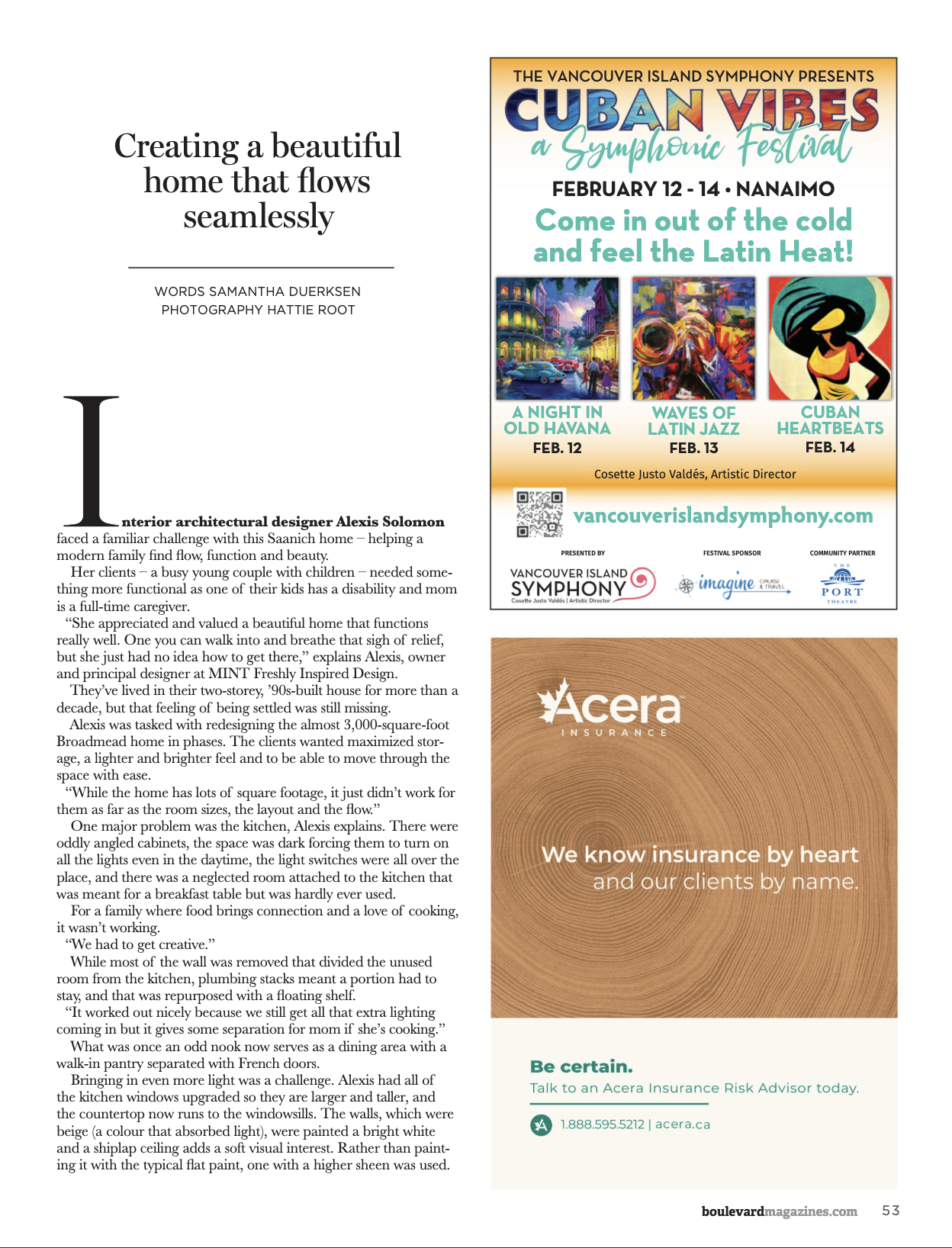 Poster advertising the Cuban Vibes symphonic festival in Nanaimo from February 12 to 14, featuring nights in Old Havana, Latin jazz, and Cuban rhythms, with colorful images of Cuban culture and activities.