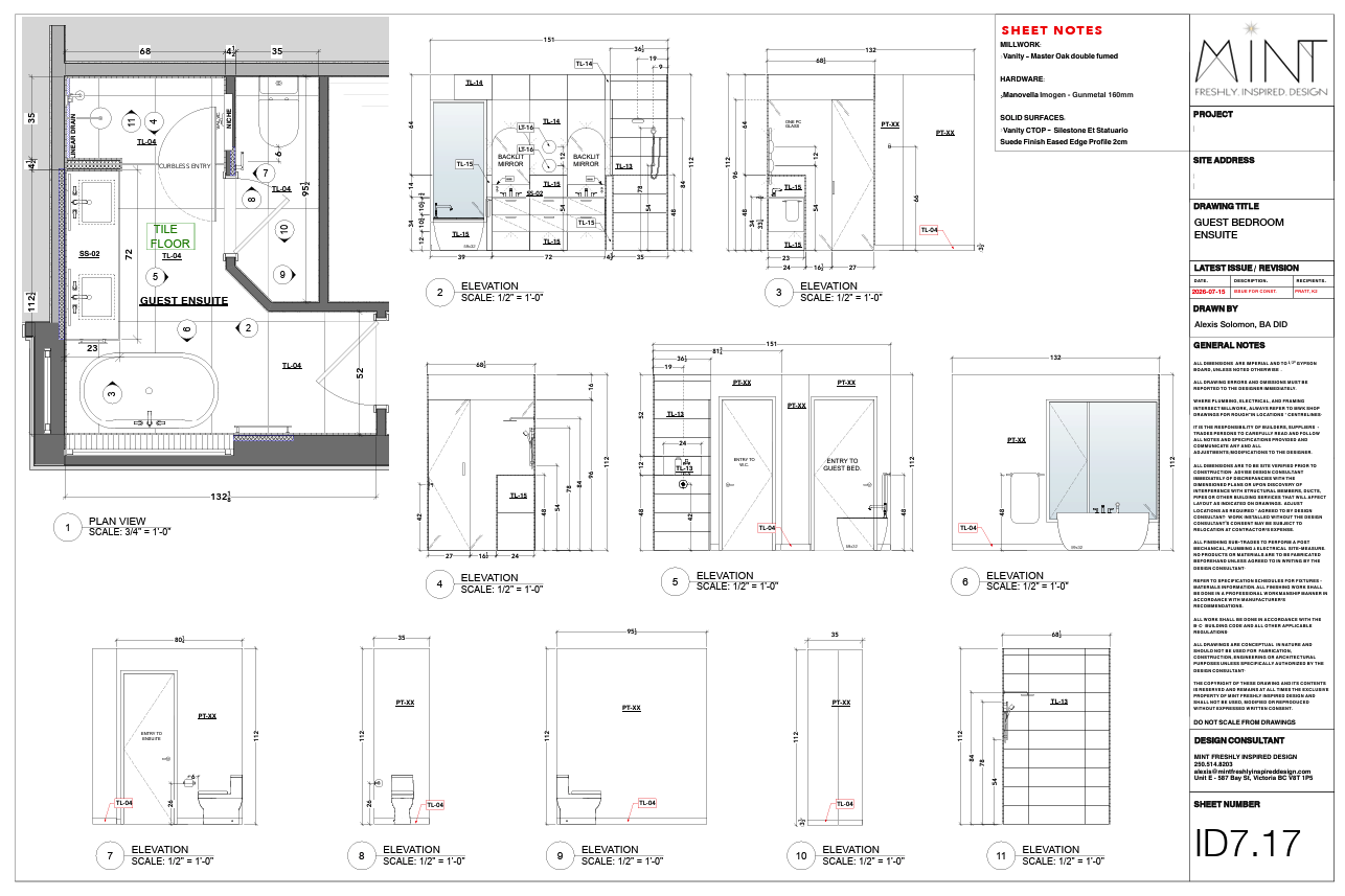 Architectural floor plan and elevations for a guest bedroom ensuite bathroom, showing detailed measurements, fixtures, and design notes.
