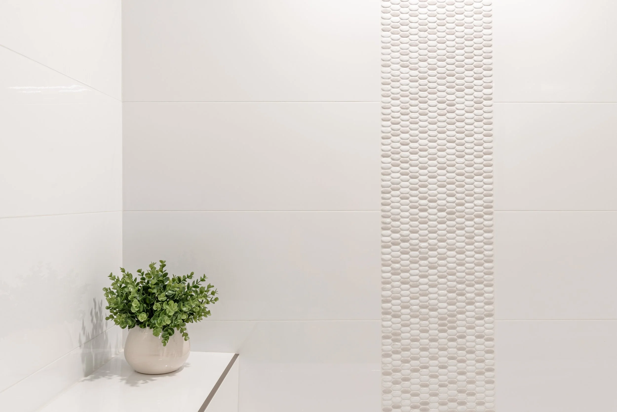 A white bathroom with large rectangular tiles, a vertical strip of small textured tiles, and a green potted plant on a white shelf.
