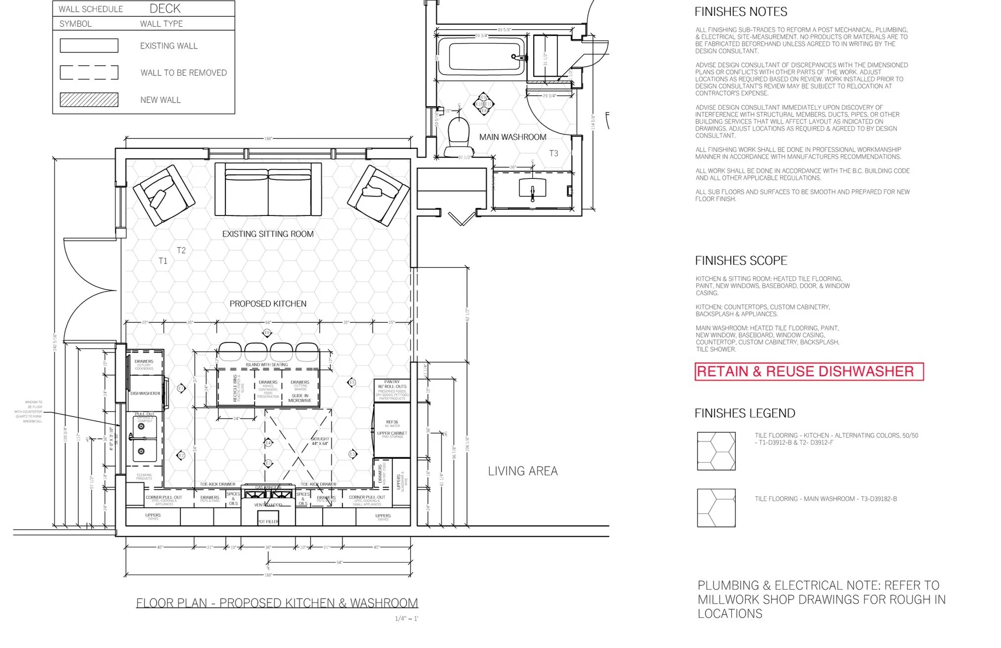 Architectural blueprint of a floor plan showing a proposed kitchen and washroom, with labeled areas including existing sitting room, main washroom, living area, and proposed kitchen. The plan includes dimensions, notes, and finishing details.