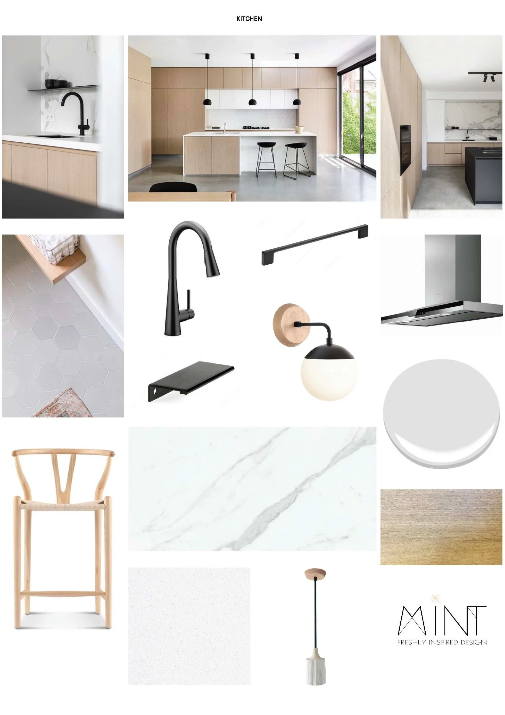 Collage of modern kitchen interior design elements including cabinets, lighting fixtures, faucets, backsplash, countertops, chair, and materials like marble and wood.