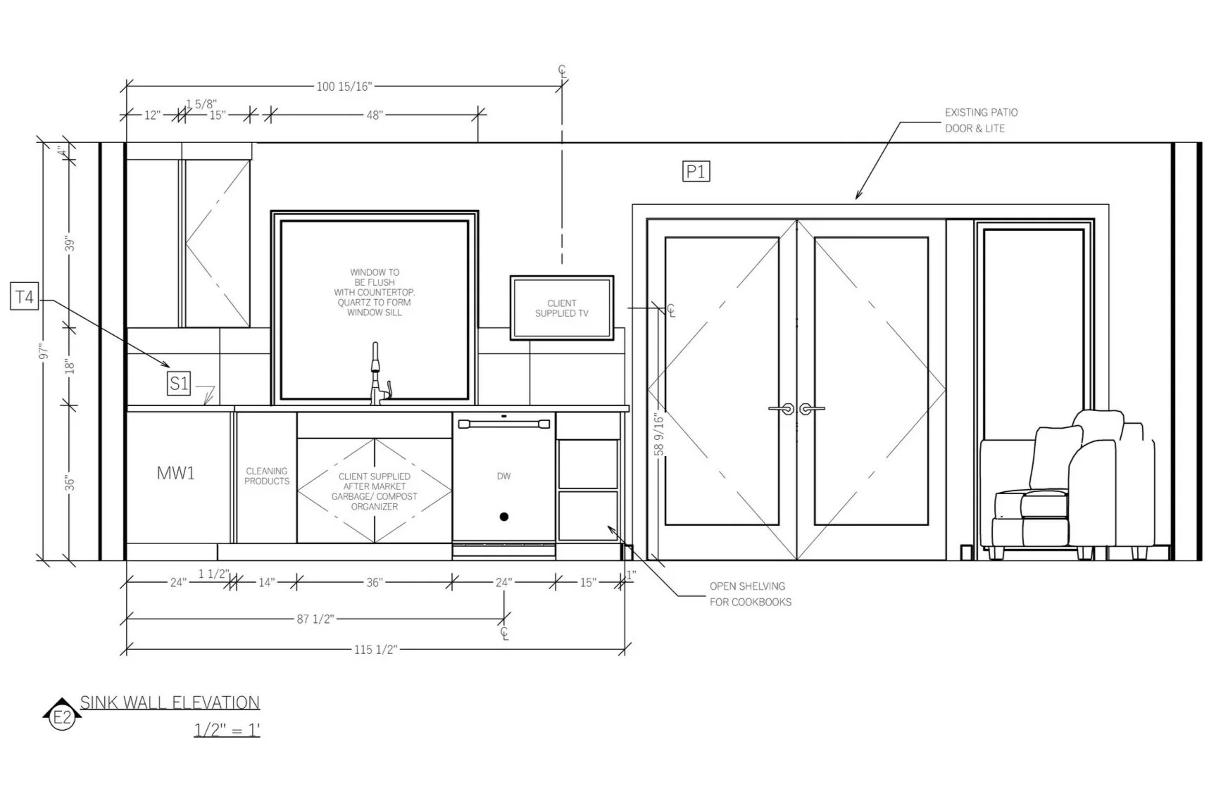 Blueprint of a kitchen and living room, showing cabinets, sink, stove, a client-supplied TV, a window, double doors, and an armchair, with measurements and annotations.
