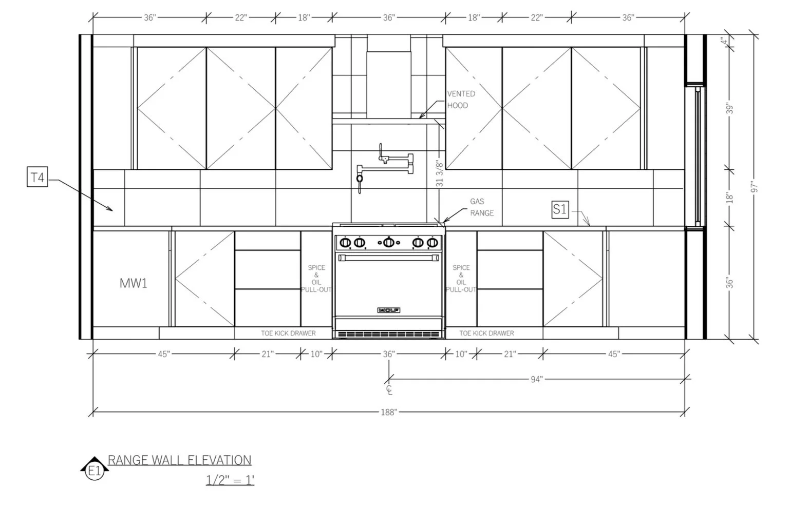 A detailed kitchen floor plan showing dimensions and layout features, including a stove in the center, labeled storage areas, and various structural elements.