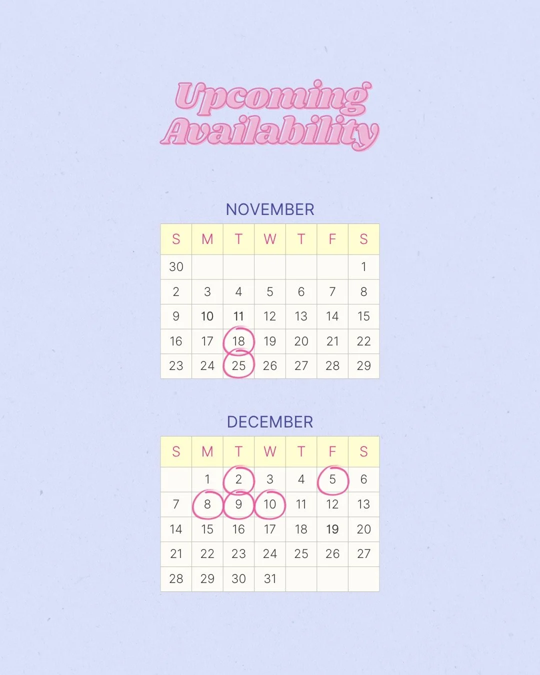Availability for November and December 🐶🩷🐾

Here are my openings for the rest of 2025! It may be easiest to reach out to me directly so I can ensure routing goes smoothly. 

I am going to be working on my schedule for January here soon. After the 