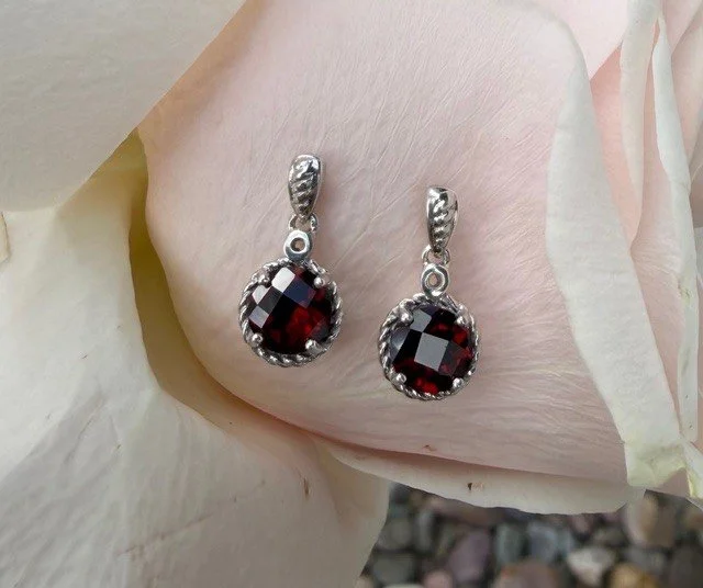 Checkerboard Cut Garnet Dangle Earrings