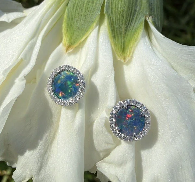 Opal & Diamond Halo Stud Earrings