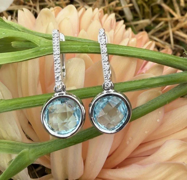Checkerboard Cut Sky Blue Topaz Dangle Earrings