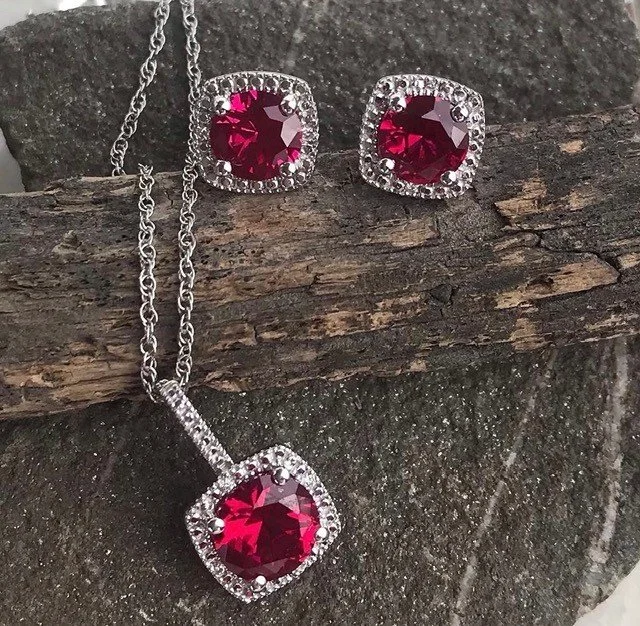 Lab Ruby Earrings & Pendant Set