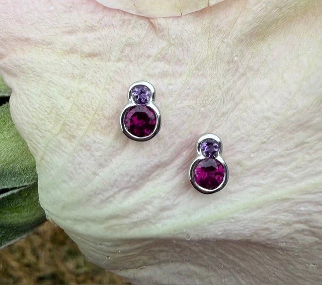 Garnet & Amethyst Bezel Stud Earrings