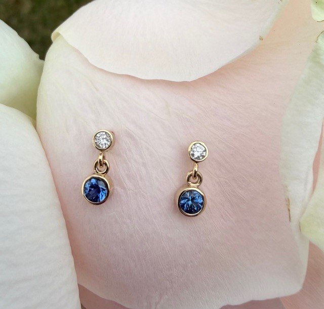 Dainty Bezel Yogo Sapphire & Lab Diamond Earrings