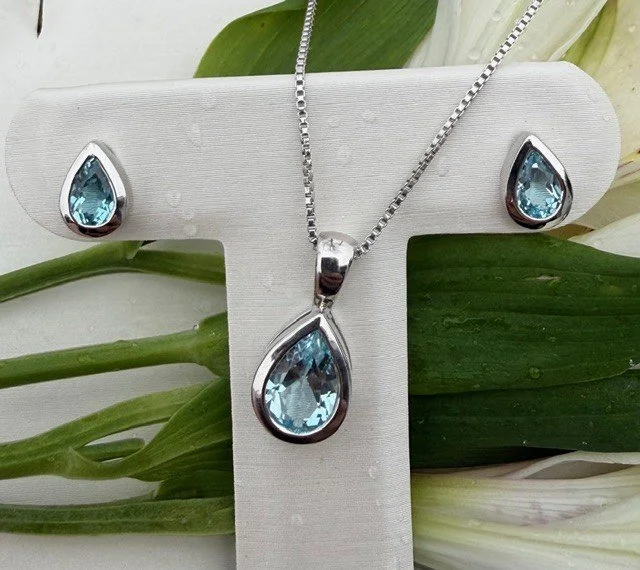 Blue Topaz Bezel Earrings & Pendant Set