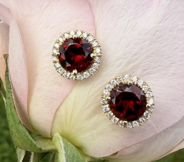 Red Garnet & Diamond Halo Stud Earrings