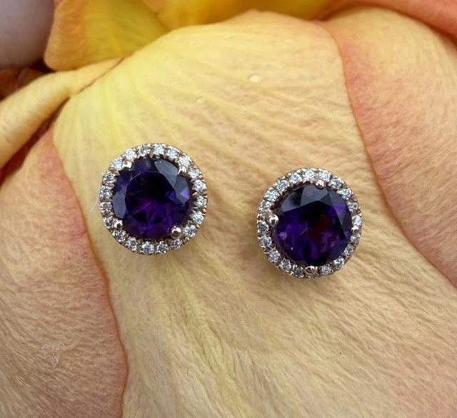 Amethyst & Diamond Halo Stud Earrings