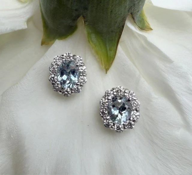 Aquamarine & Diamond Halo Stud Earrings