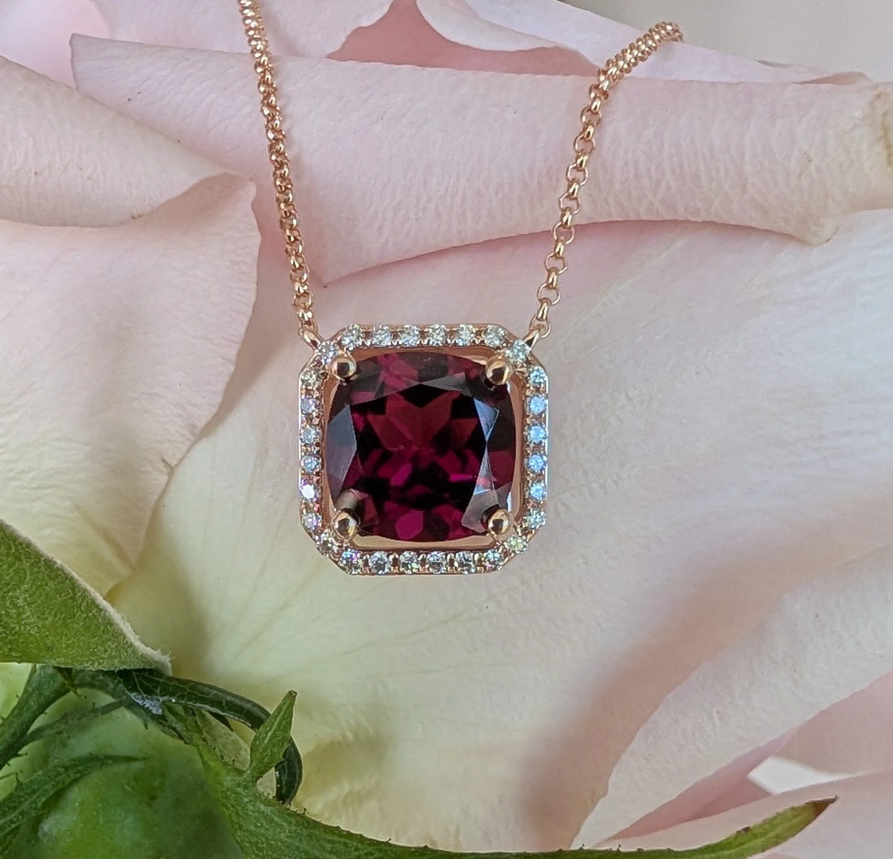 Rose Gold Garnet & Diamond Halo Necklace.jpg