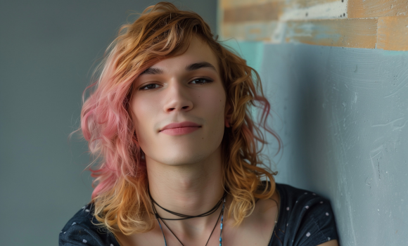 Young trans woman with pink and blonde wavy hair in a patterned blue shirt and necklaces stands by a wooden beam, symbolizing identity and affirming care in therapy.