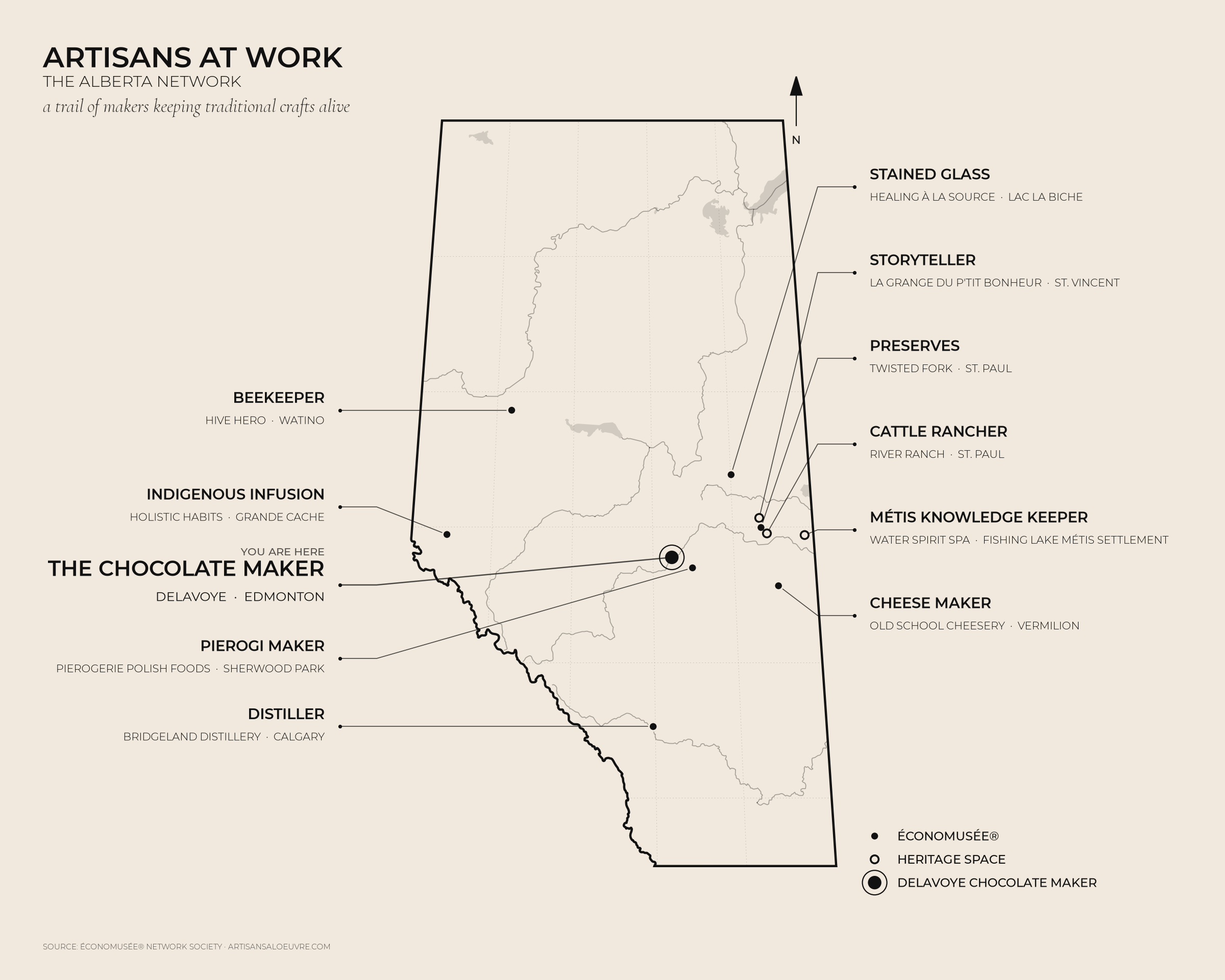 Map of Artisans at Work members in Alberta, with Delavoye Chocolate Maker in Edmonton