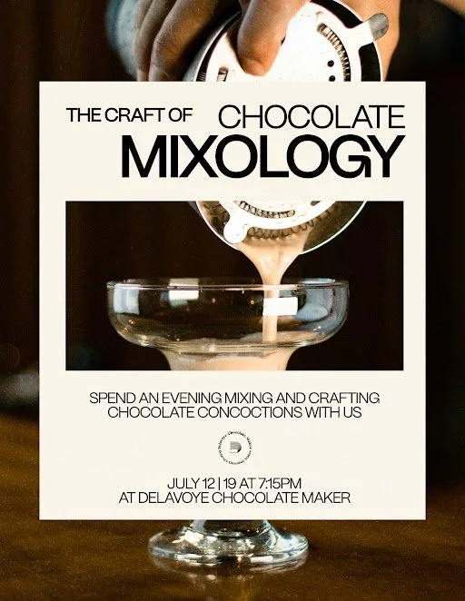 Poster advertising a chocolate mixology event, showing a hand pouring a cocktail into a glass.