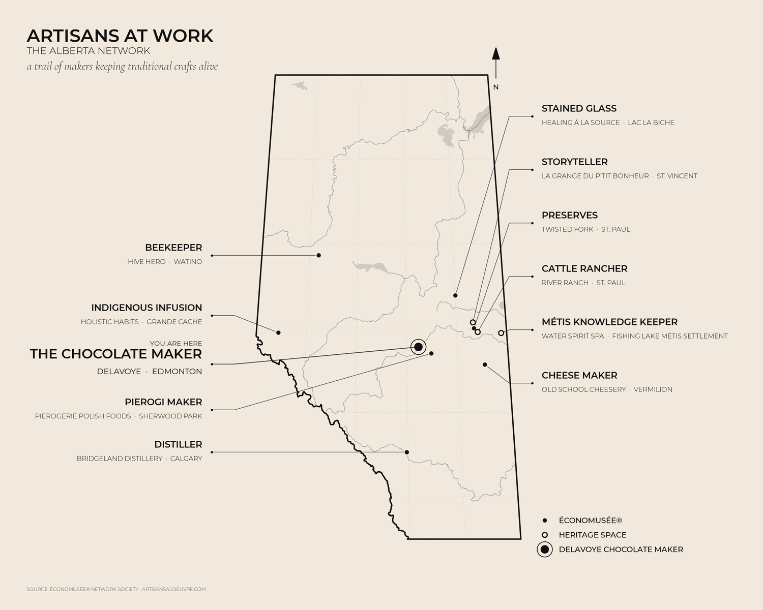 Map of the Artisans at Work workshops in Alberta, with Delavoye Chocolate Maker in Edmonton