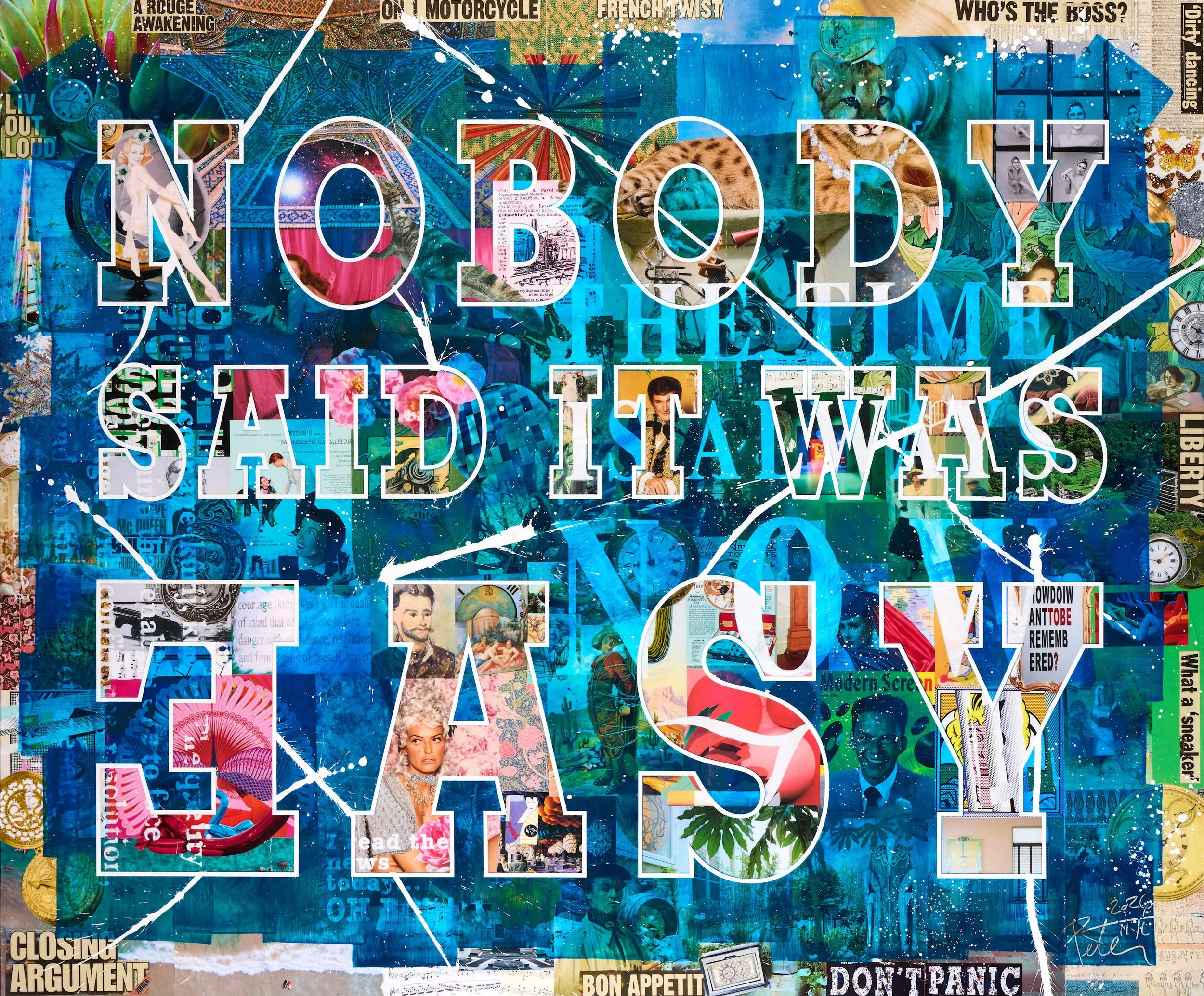 A collage with cut-out newspaper clippings as background, featuring the text 'Pursuit of Happiness' superimposed with a large green horizontal stripe.