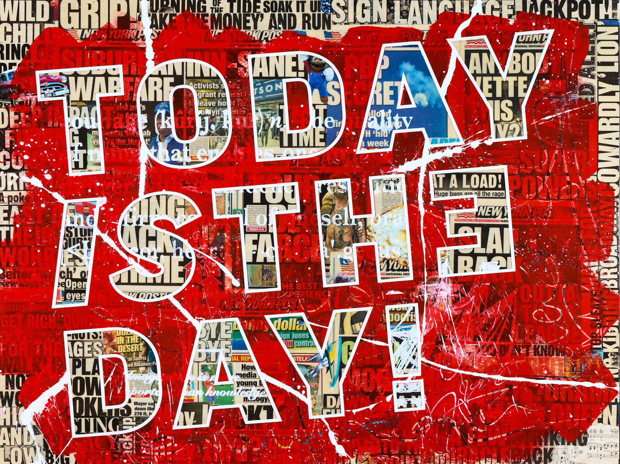 A collage with the phrase 'FEAR LESS' in large black letters overlaying various images including a woman, a clock, lightning, a vintage television, a red flower, and other colorful elements.