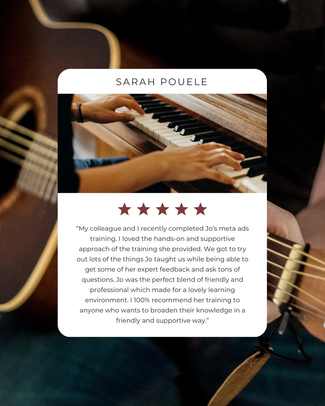 This review is from the lovely Sarah from @mickleburgh_music, who completed my practical Meta Ads Campaign Builder course earlier this year. 🎵

More info on the course below 👇🏼

The Campaign Builder: A practical six-session Meta Ads course spread 