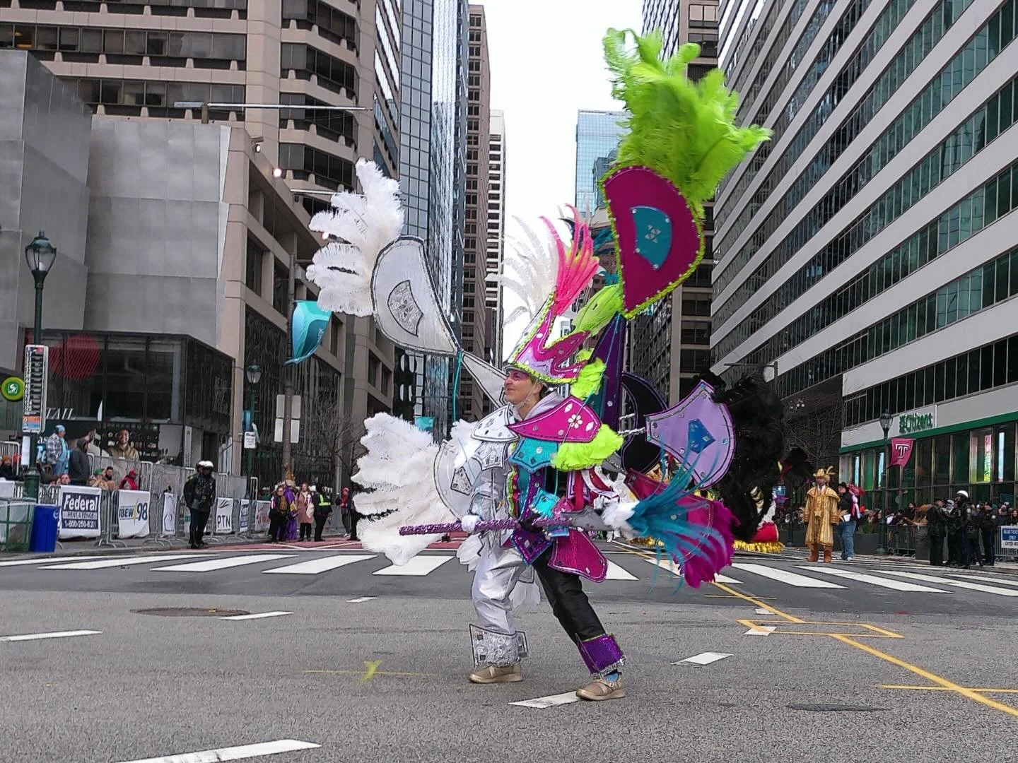 It Takes Two 

Carrier: Kate Sgouros 

Designed and fabricated by Joe Bongard 

#mummers2026 #philly #Philadelphia  #mummersmuseum #Philadelphiamummers  #goldensunrisenya #fancy #fancies #inclusion #diversity #joinus #fancydivision #theclubthatholdau