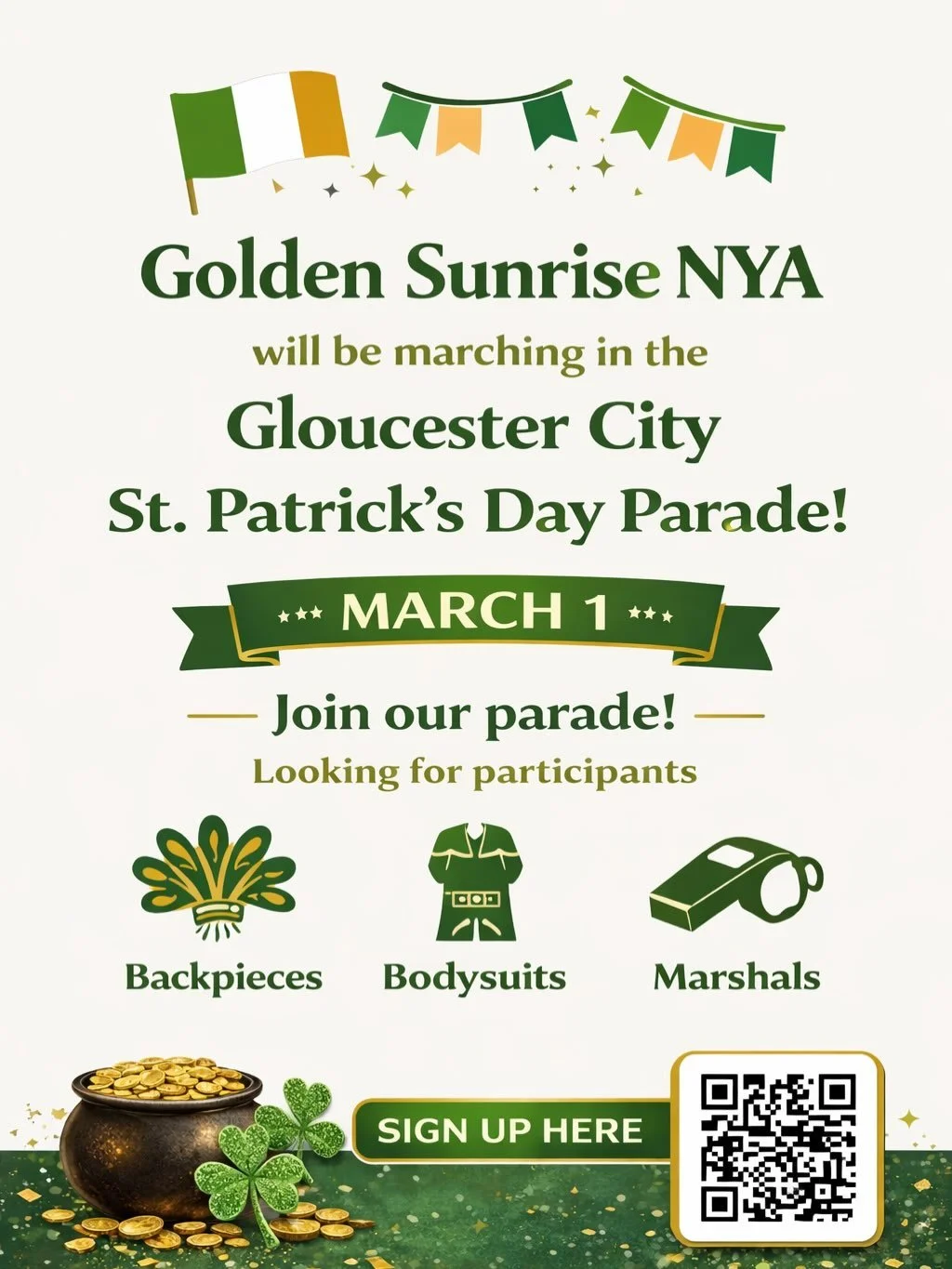 Remember to sign up so we have an accurate count to prepare suits and backpieces!!! We&rsquo;re going to get our Irish on! Our first ever appearance in the @gloucestercitynj @njirish St Patrick&rsquo;s Parade on March 1st! Sign up to march with us! h
