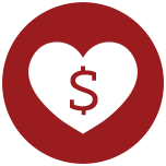 Red circle icon with white heart and dollar sign