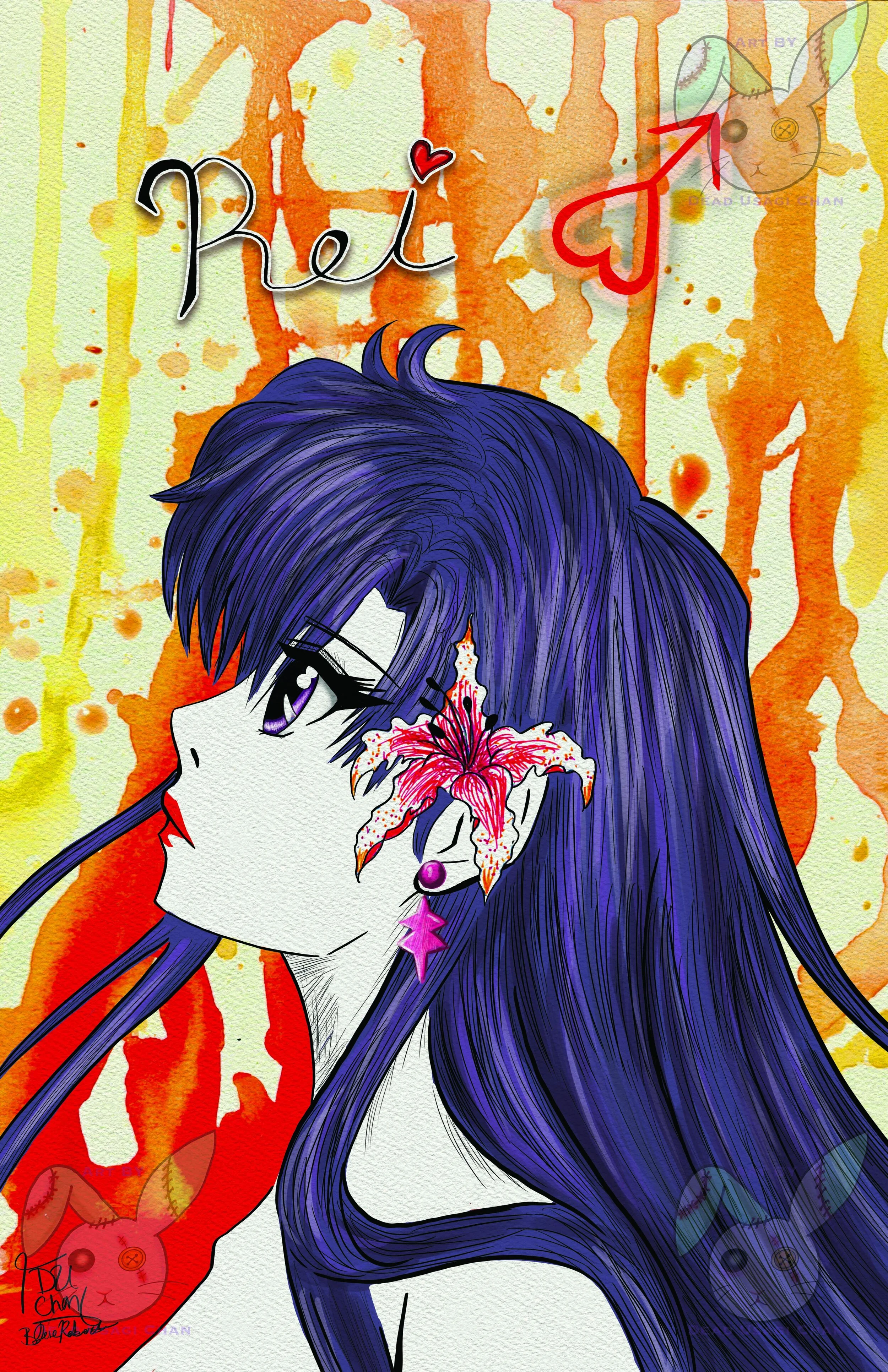 Rei bathed in flames