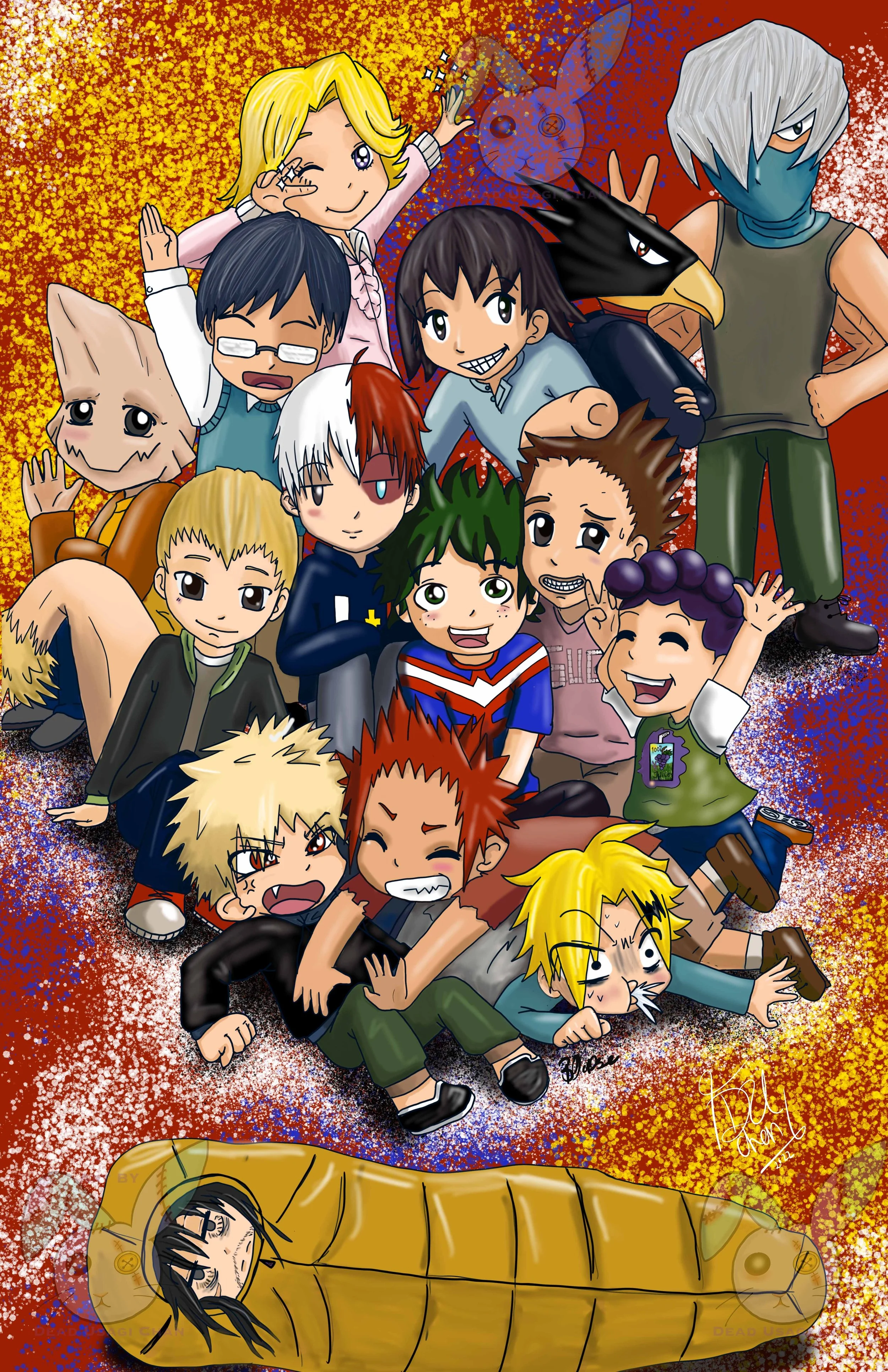 The boys from Class 1-A from My hero Academia, and their teacher Aizawa. Poor Denki.