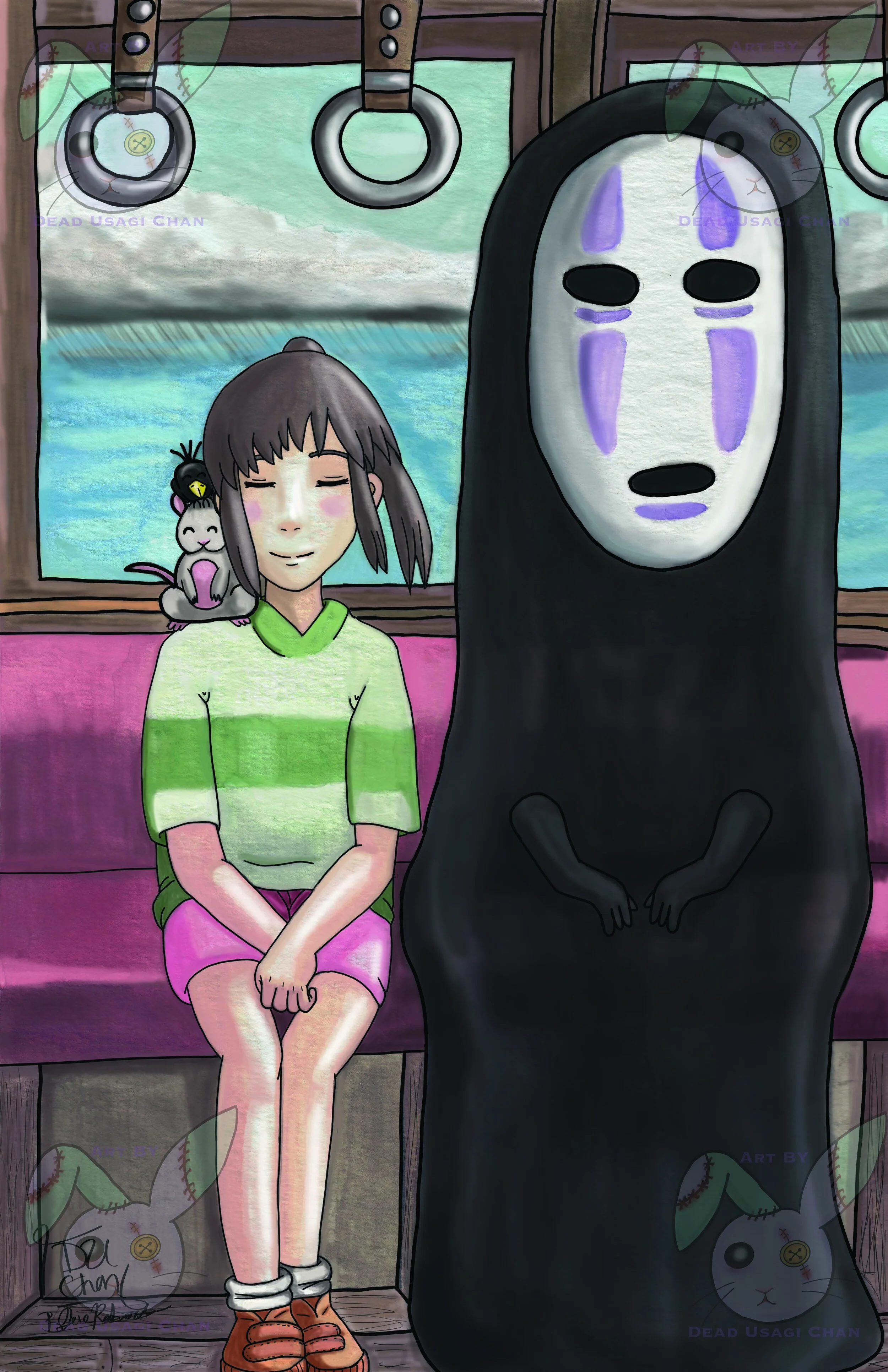 This is a water color of Chihiro and No Face that I drew and painted by hand