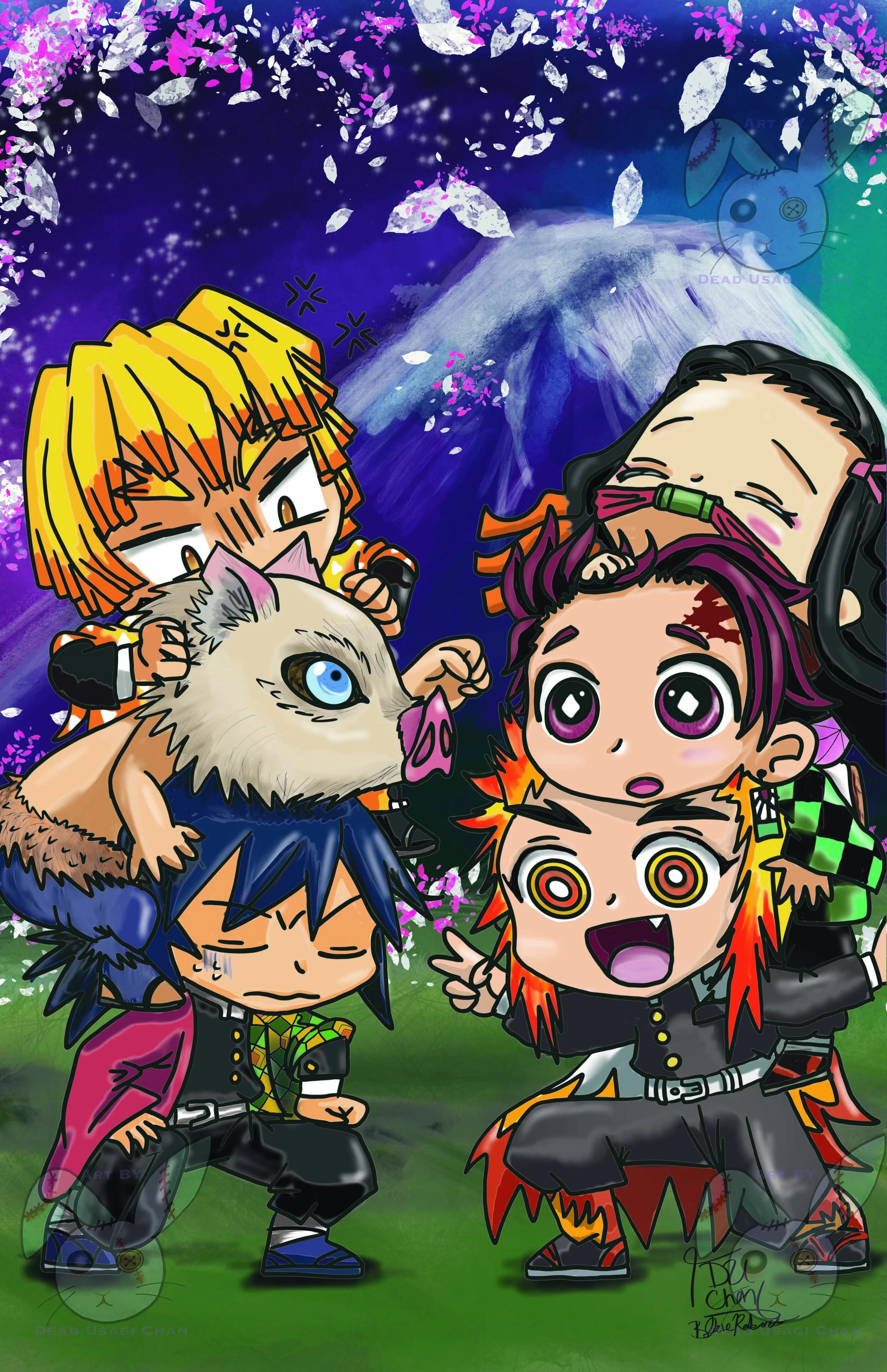 A pile of Slayers Featuring Rengoku, Tanjiro and Nezuko on the right and Giyu, Inosuke and Zenitsu on the left. 