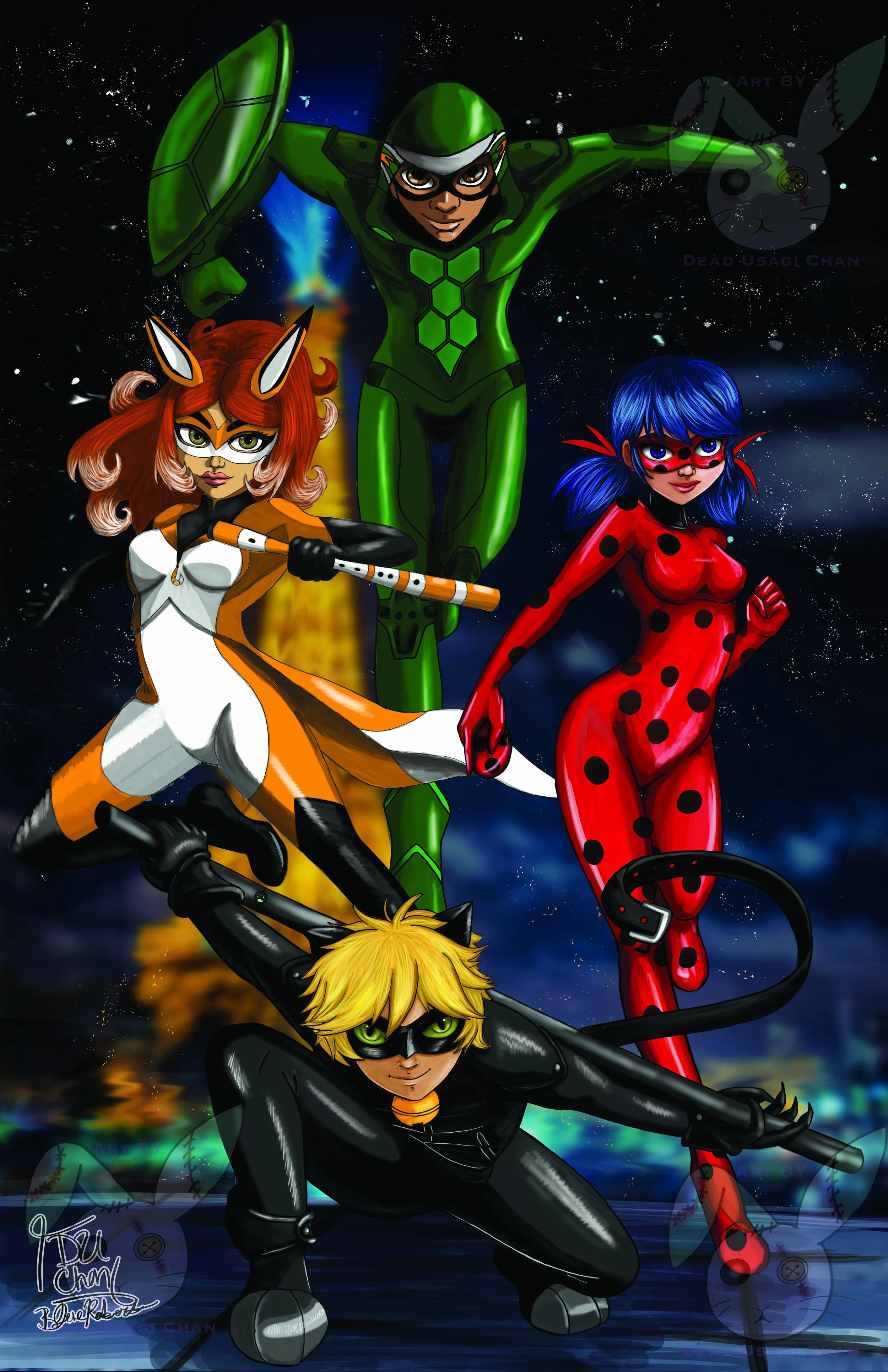Miraculous Team, Featuring Lady Bug, Chat Noir, Rena Rouge and Carapace.