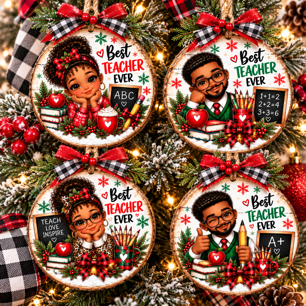 Festive Teacher Ornaments on a Christmas Tree.png