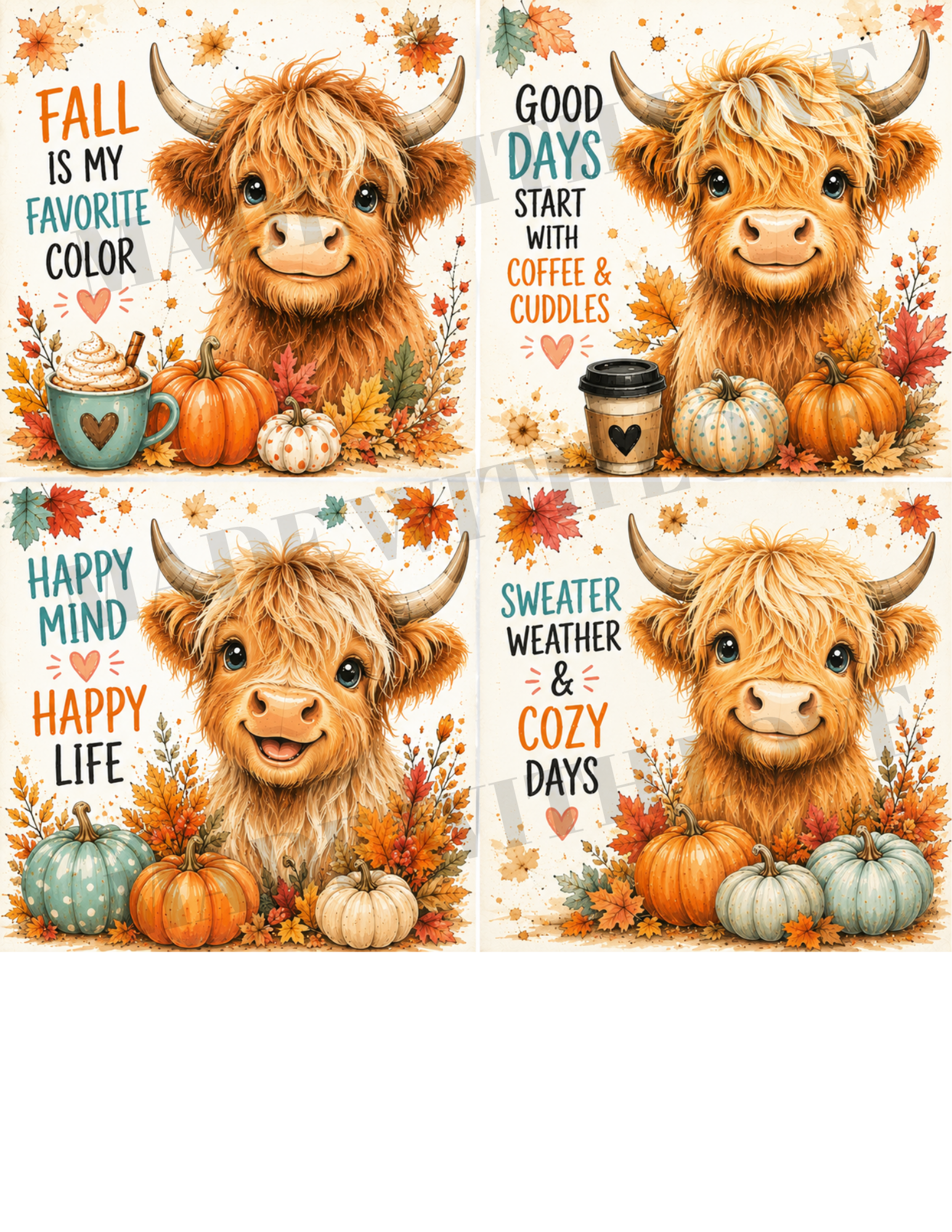 PRINT at HOME fall cow set of 4 DOWNLOAD ONLY