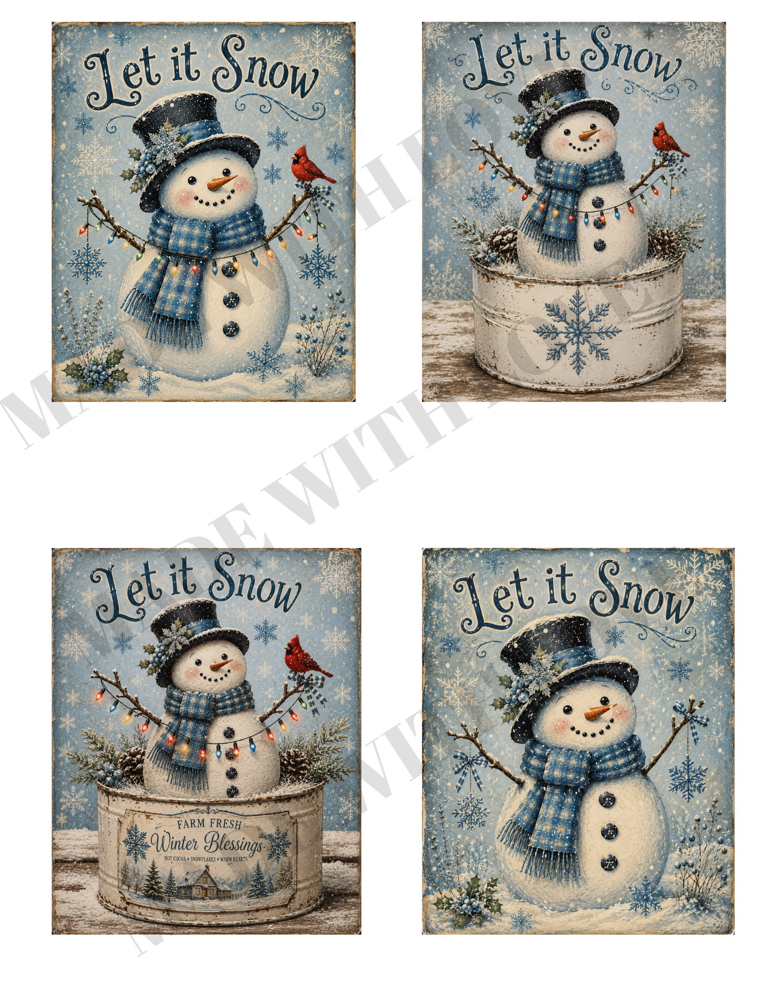 YOU PRINT at home SNOWMAN Set of 4 DOWNLOAD ONLY