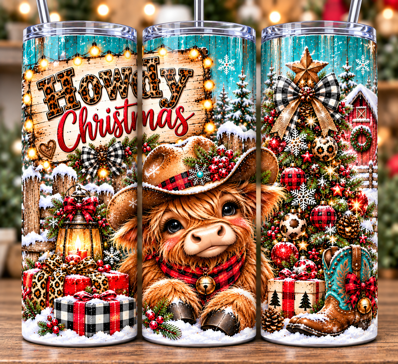 Howdy Christmas Highland Cow Tumbler Trio.png