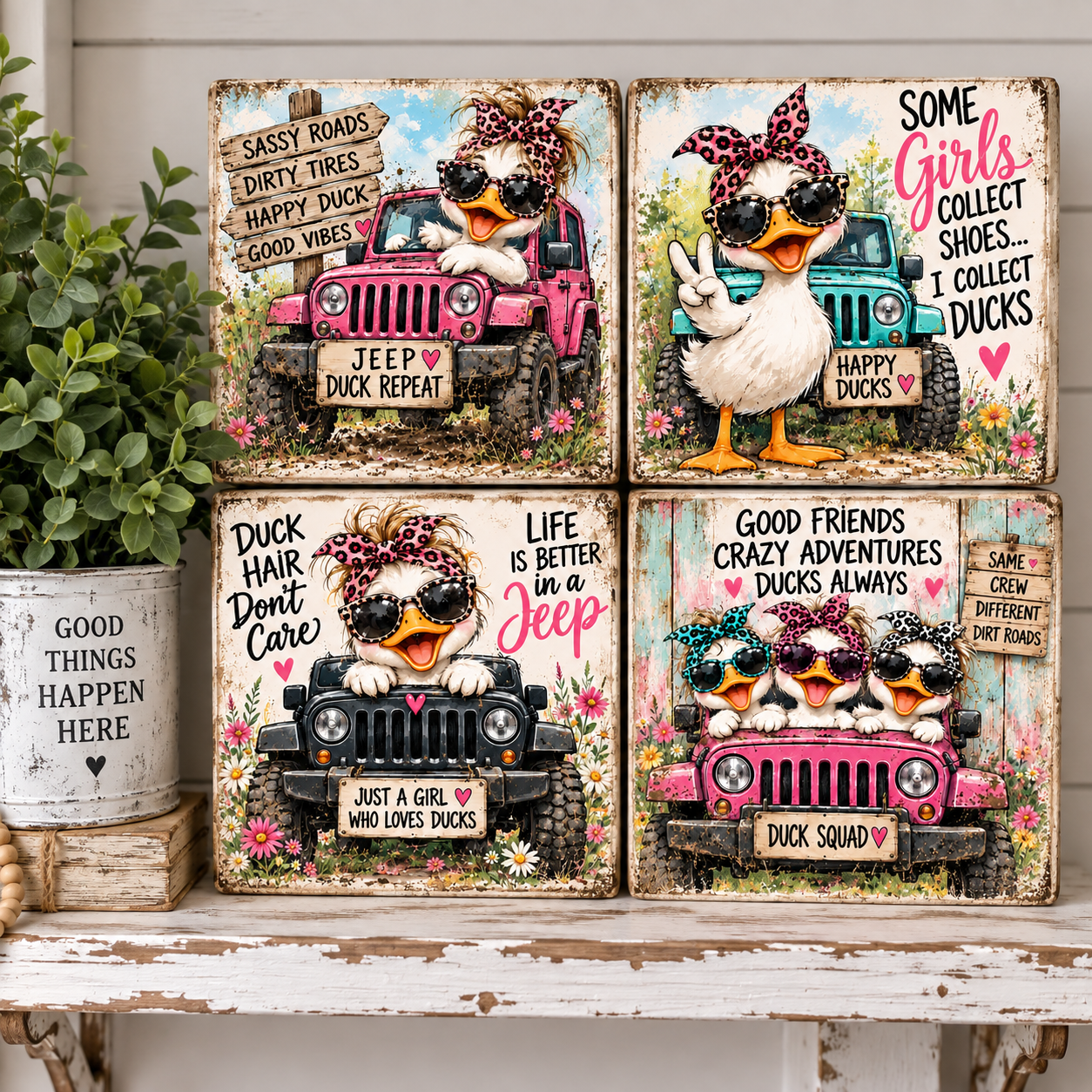 set of 4 FINISHED Wood blocks DUCKS 3.5x3.5